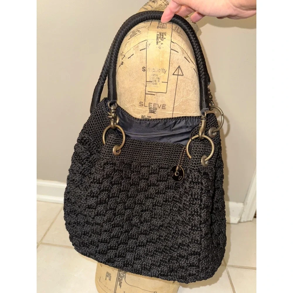 THE SAK Vintage Womens Black Woven Crochet Hobo Bag Purse Handbag